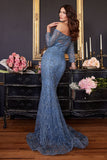 CB118  Long Sleeve Embellished Off the Shoulder Gown