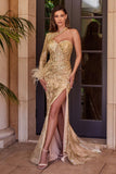 CB131   ONE SHOULDER FITTED GLITTER GOWN