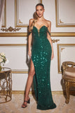 CD290  Strapless Sequin Dress with Beaded Draped Shoulders