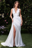 CH079W OFF WHITE SATIN HALTER BRIDAL DRESS