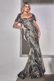 J833   Glitter Printed Gown with Puff Sleeves