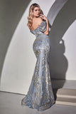 J833   Glitter Printed Gown with Puff Sleeves